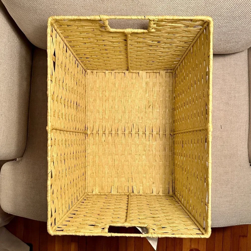 Yellow Woven Cord Tote Basket With Handles
